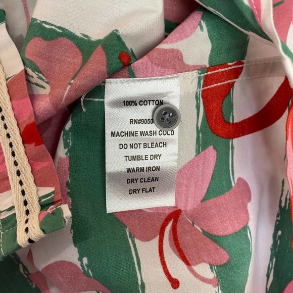 VSTR Button Up Shirt Collar Flamingo Pattern Striped Green White Short Sleeve L - Picture 8 of 9